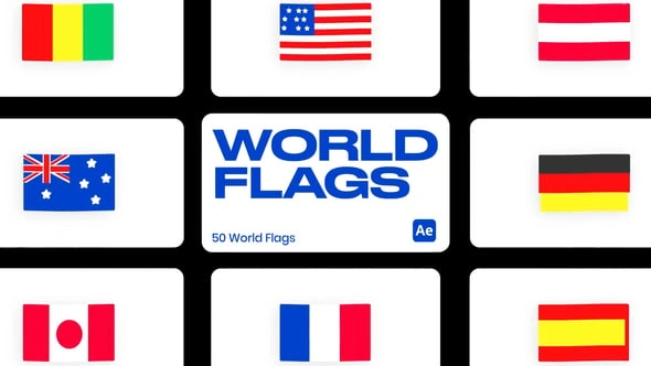 AE模板 50个卡通世界旗帜国旗动画元素模板 World Flags for After Effects
